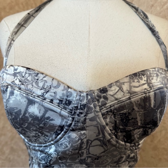 VTG Y2K 2000s Silver Silk Blend Snake Print Lace Up Halter Style Bustier Top - Picture 3 of 6